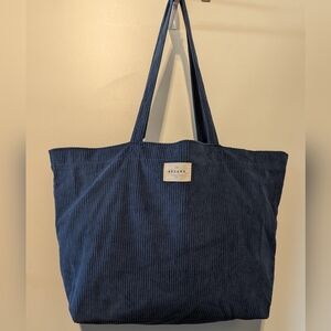 Sezane Tote Purse Travel Blue Corduroy Double Handle Lined Rectangle Bag